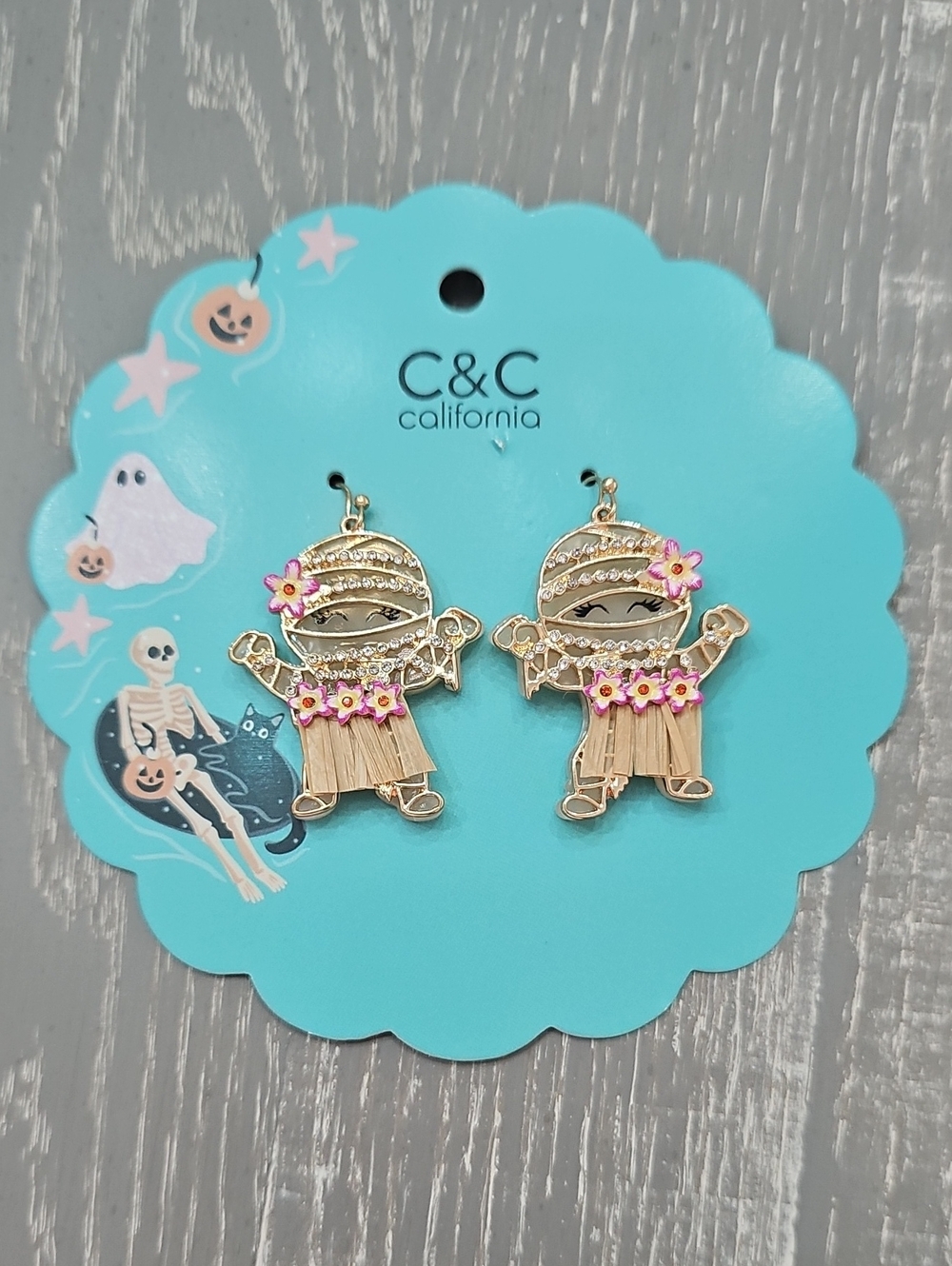 New! Summerween Hula Mummy Earrings with Pink Flower Accents Halloween